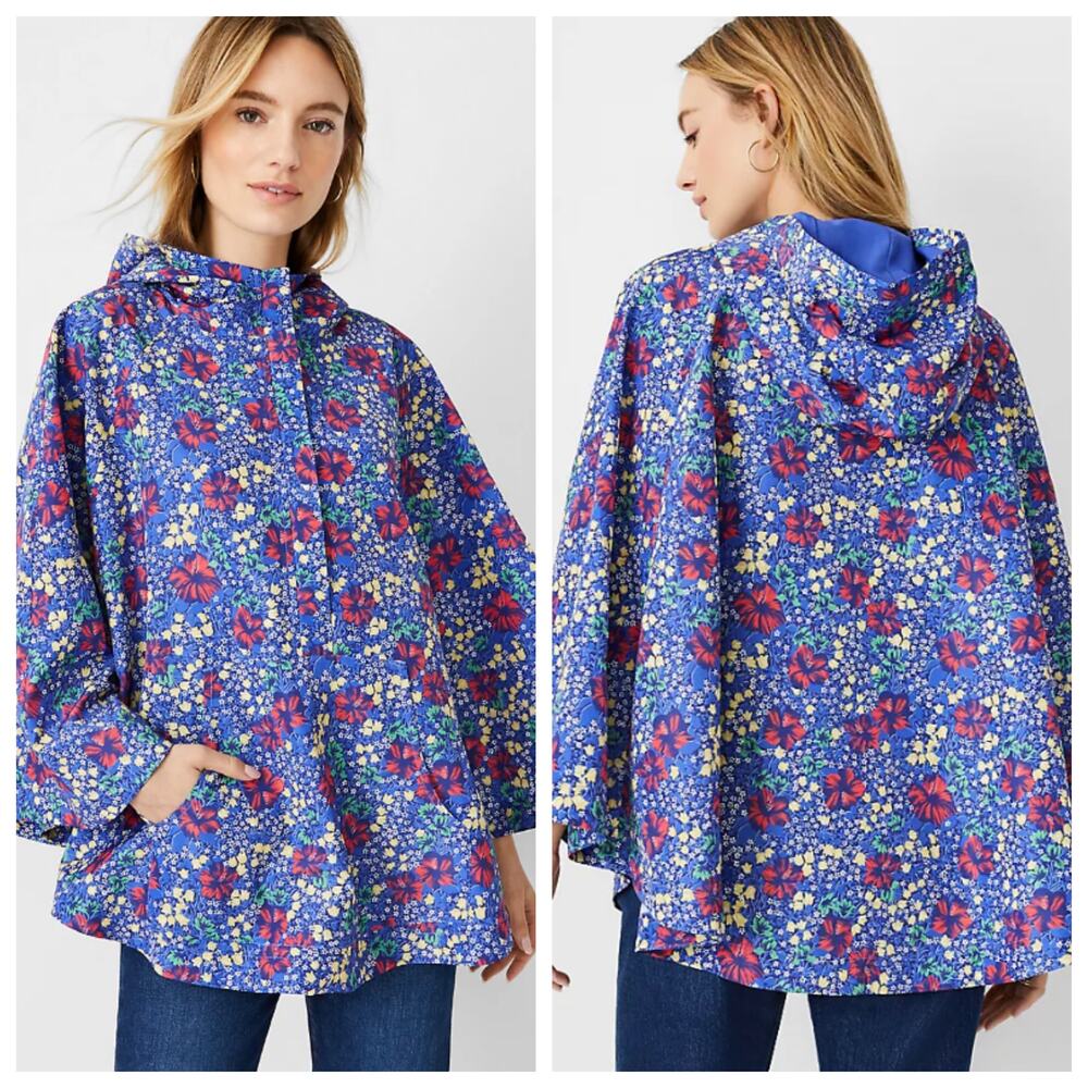 NEW‎ Ann Taylor Floral Rain Poncho Blue Size XS/S